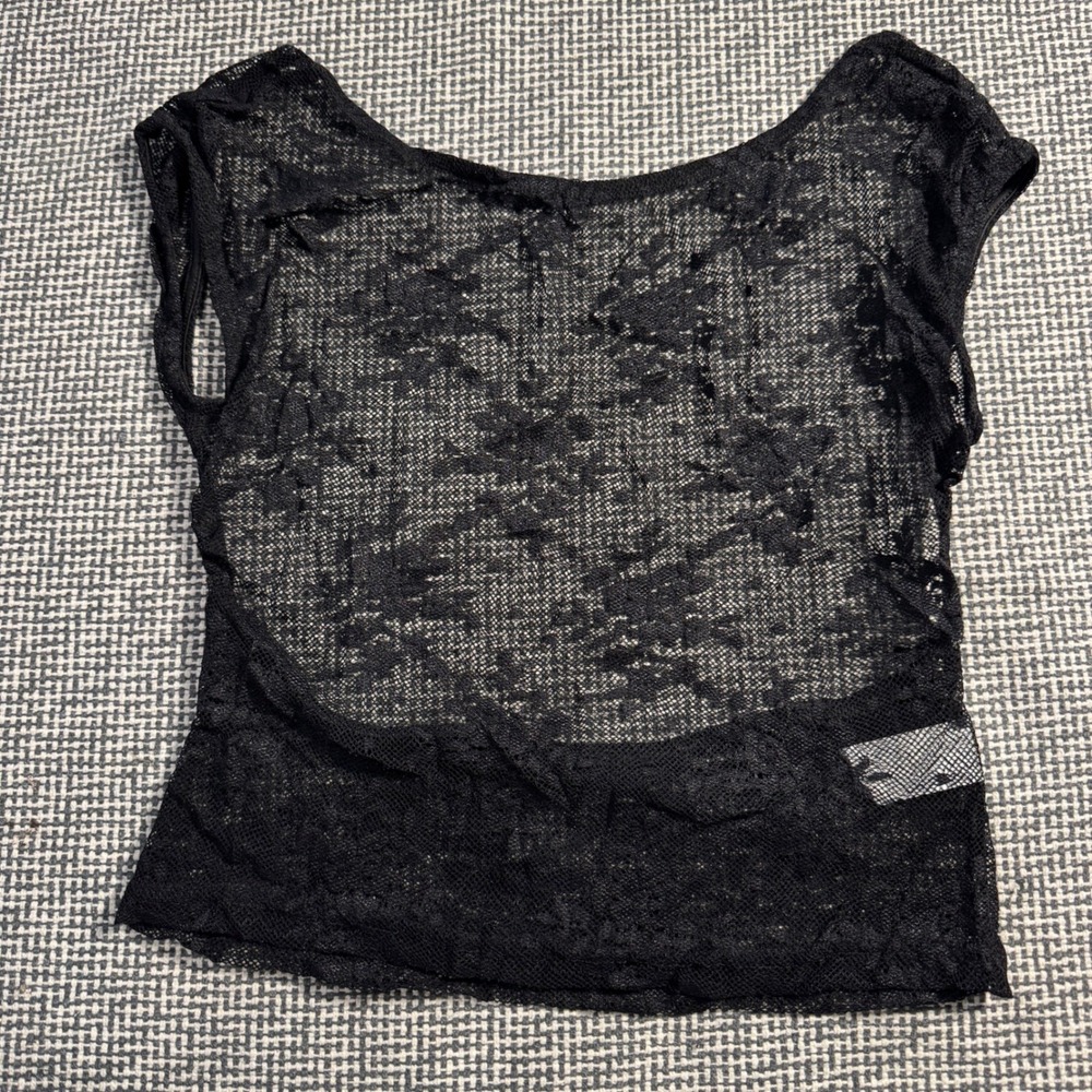 Womens Y2K Black Floral Lace Sheer Mesh Crop Tank Top Sleeveless Medium NEW